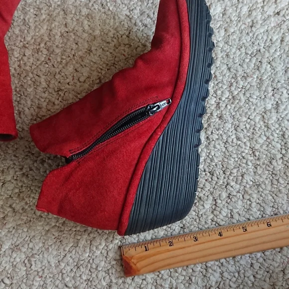 Fly London Shoes Yip Red Suede Wedge Heel Ankle Boots Size EU 37 US 6.5